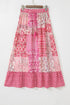 Red Boho Pattern Print Tassel Drawstring High Waist Maxi Dress